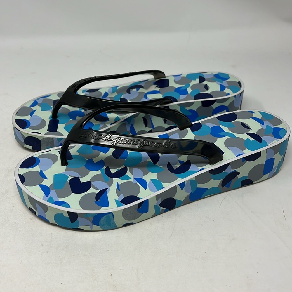 Marc by Marc Jacobs Blue Patterned Flip Flops with Drawstring Bag EU 38 US 8